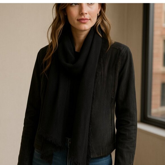 Free People Black Denim Fringe Scarf Jacket – Size 6 – Boho Layered Look - Picture 2 of 12